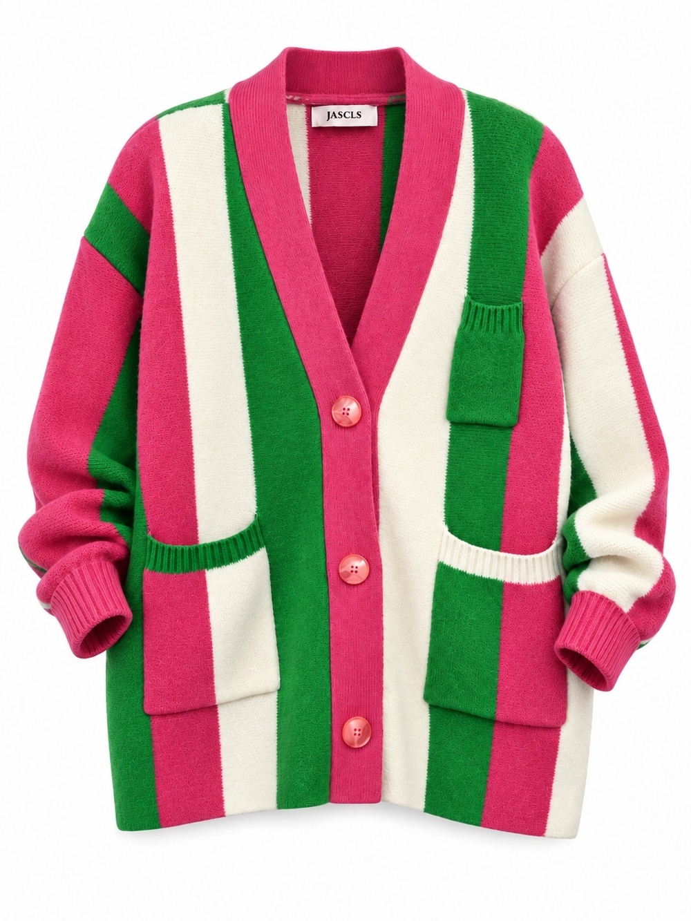 JASCLS Women’s M Pink Green White Striped Colorblock Cardigan Sweater